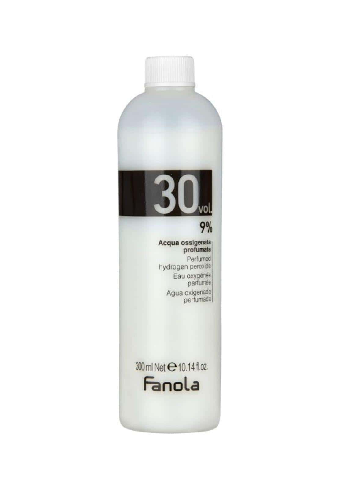 Ein durchscheinende weiße kunststoffflasche mit weißem deckel und fanola label 30 vol 9 für intensives blond und farbveränderungen