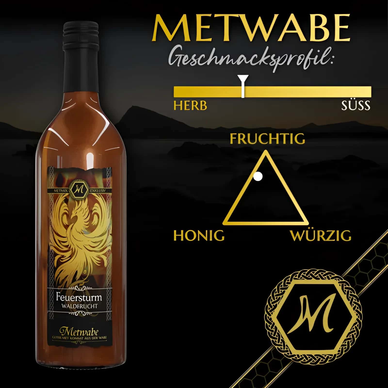 Flasche feuersturm magic mead waldfrucht met mit goldenem phönix etikett und bernsteinfarbener flüssigkeit