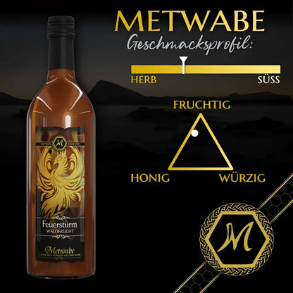 Flasche feuersturm magic mead waldfrucht met mit goldenem phönix etikett und bernsteinfarbener flüssigkeit