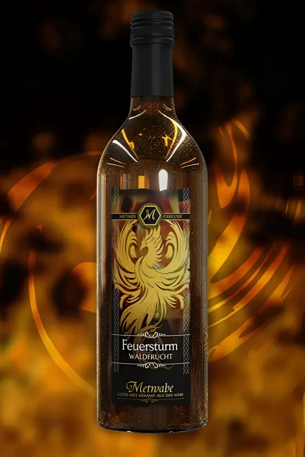 Dunkle glasflasche feuersturm magic mead waldfurcht mit goldenem phönix und schwarzem schraubverschluss
