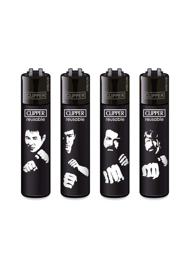 Schwarze clipper feuerzeuge mit weißen silhouetteporträts berühmter kampfkünstler im ffx action heroes set für dark fashion fans