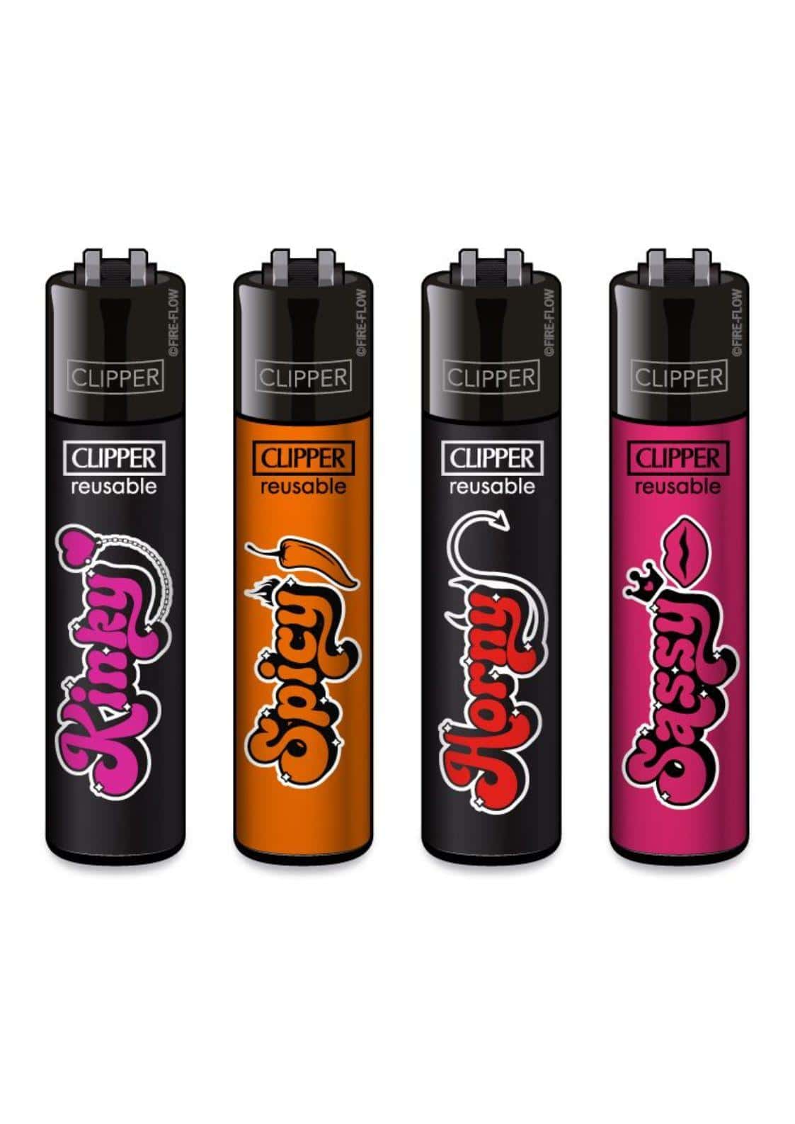 Vier clipper feuerzeuge mit farbenfrohen erwachsenen slogans in schwarz, orange und magenta im ffx adult slogan set