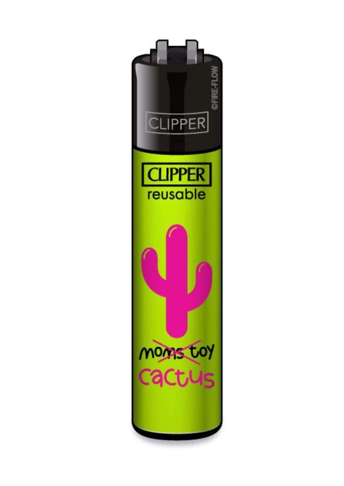 Ein leuchtend limettengrünes clipper wiederverwendbares feuerzeug mit pinker kaktus grafik für gothic dark fashion fans