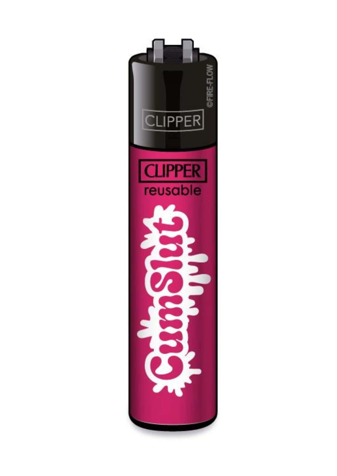 Ein lebendiges magentafarbenes clipper-feuerzeug mit weißem cumslut-graffiti-logo und schwarzer kappe, gothic horror style