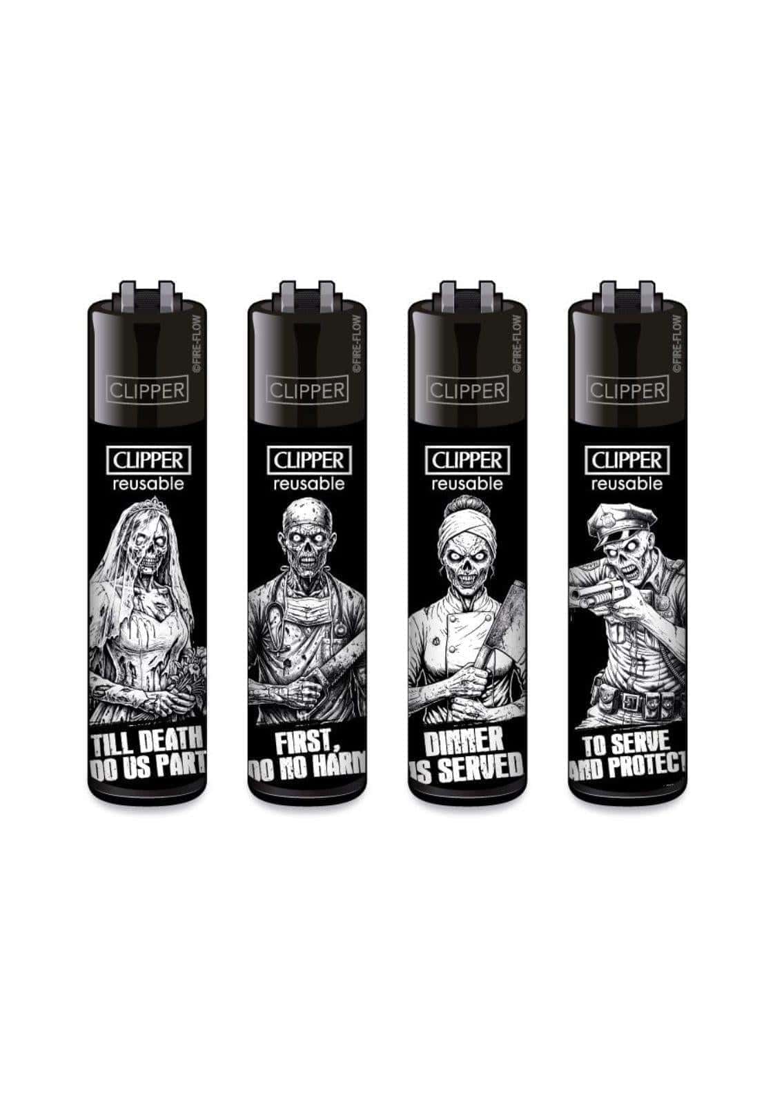 Vier schwarze clipper wiederverwendbare feuerzeuge mit weißen zombie-motiven im gothic horror stil ffx dead society set