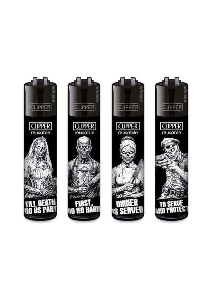 Vier schwarze clipper wiederverwendbare feuerzeuge mit weißen zombie-motiven im gothic horror stil ffx dead society set