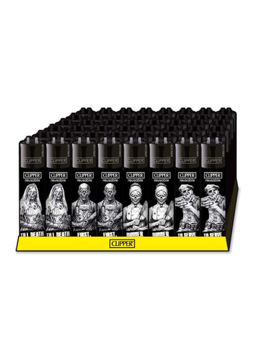 Black clipper feuerzeuge mit zombie motive in weiß und grau auf glänzendem finish für gothic horror mode