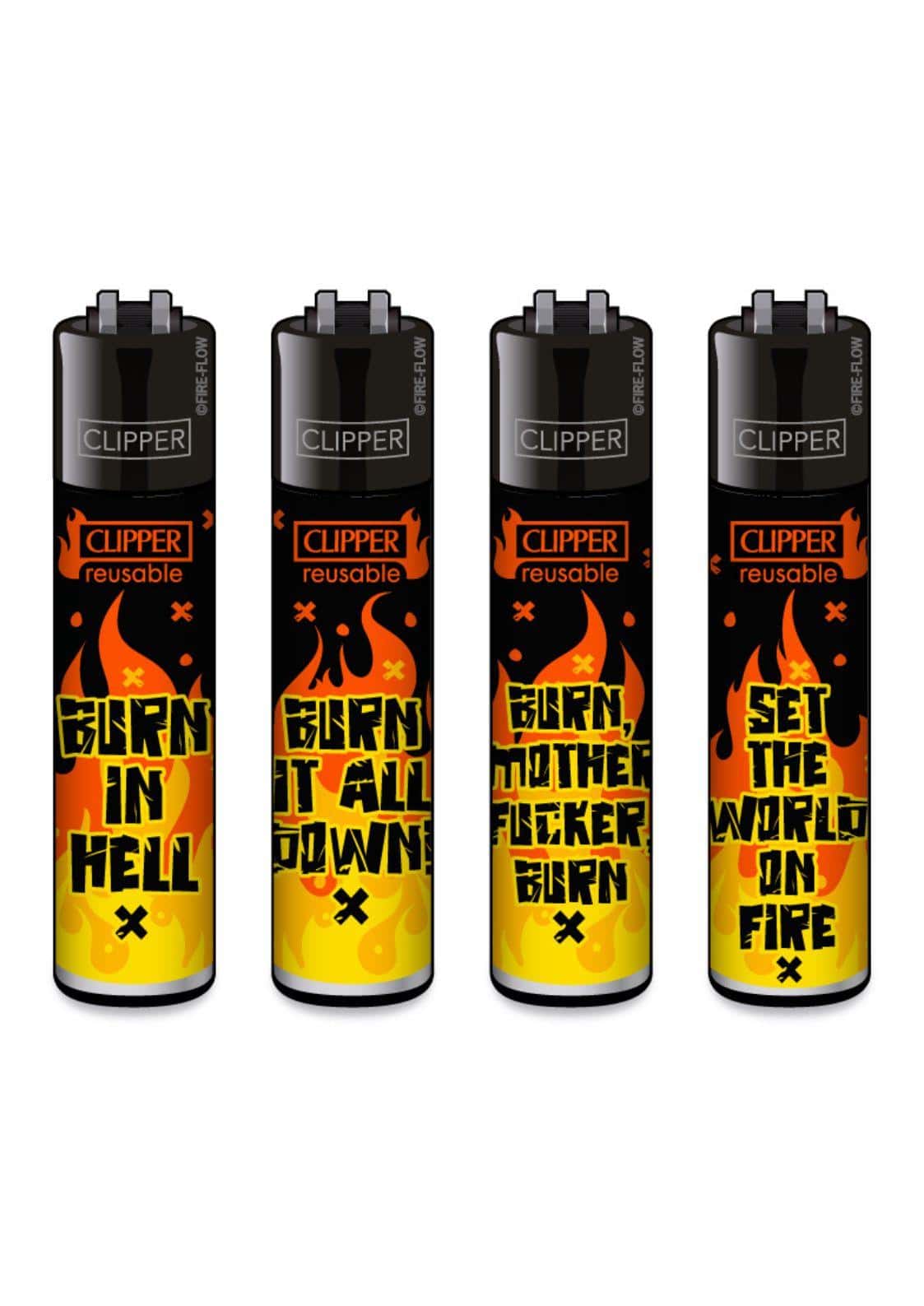 Vier schwarze clipper feuerzeuge mit fiery orange und gelben flammendesign und grosser gothic horror schrift