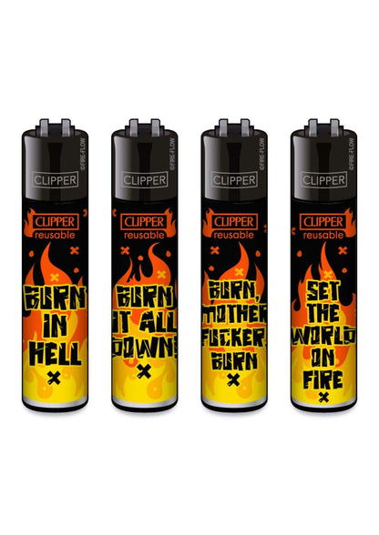 Vier schwarze clipper feuerzeuge mit fiery orange und gelben flammendesign und grosser gothic horror schrift