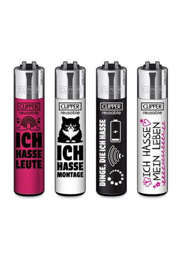 Ffx ich hasse clipper feuerzeug set mit vier wiederverwendbaren clipper feuerzeugen in pink, weiß, schwarz und silberweiß