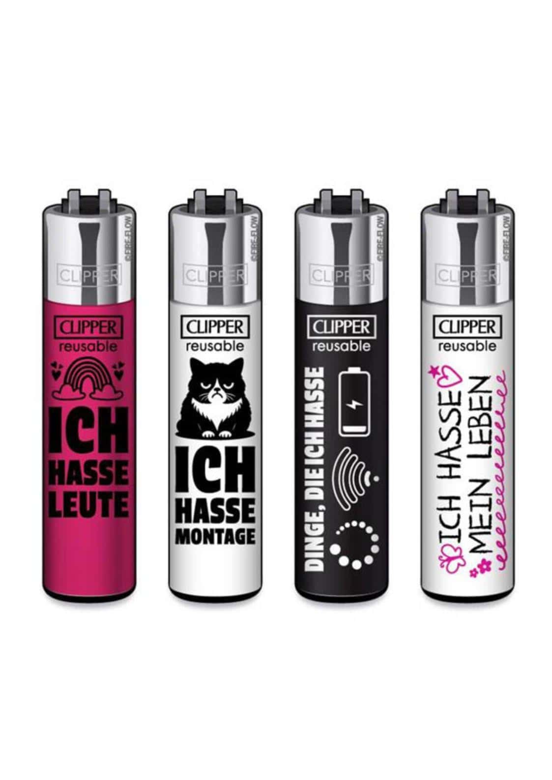 Ffx ich hasse clipper feuerzeug set mit vier wiederverwendbaren clipper feuerzeugen in pink, weiß, schwarz und silberweiß