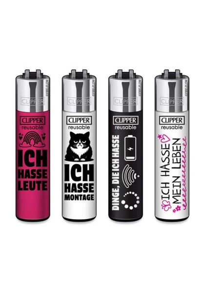 Ffx ich hasse clipper feuerzeug set mit vier wiederverwendbaren clipper feuerzeugen in pink, weiß, schwarz und silberweiß
