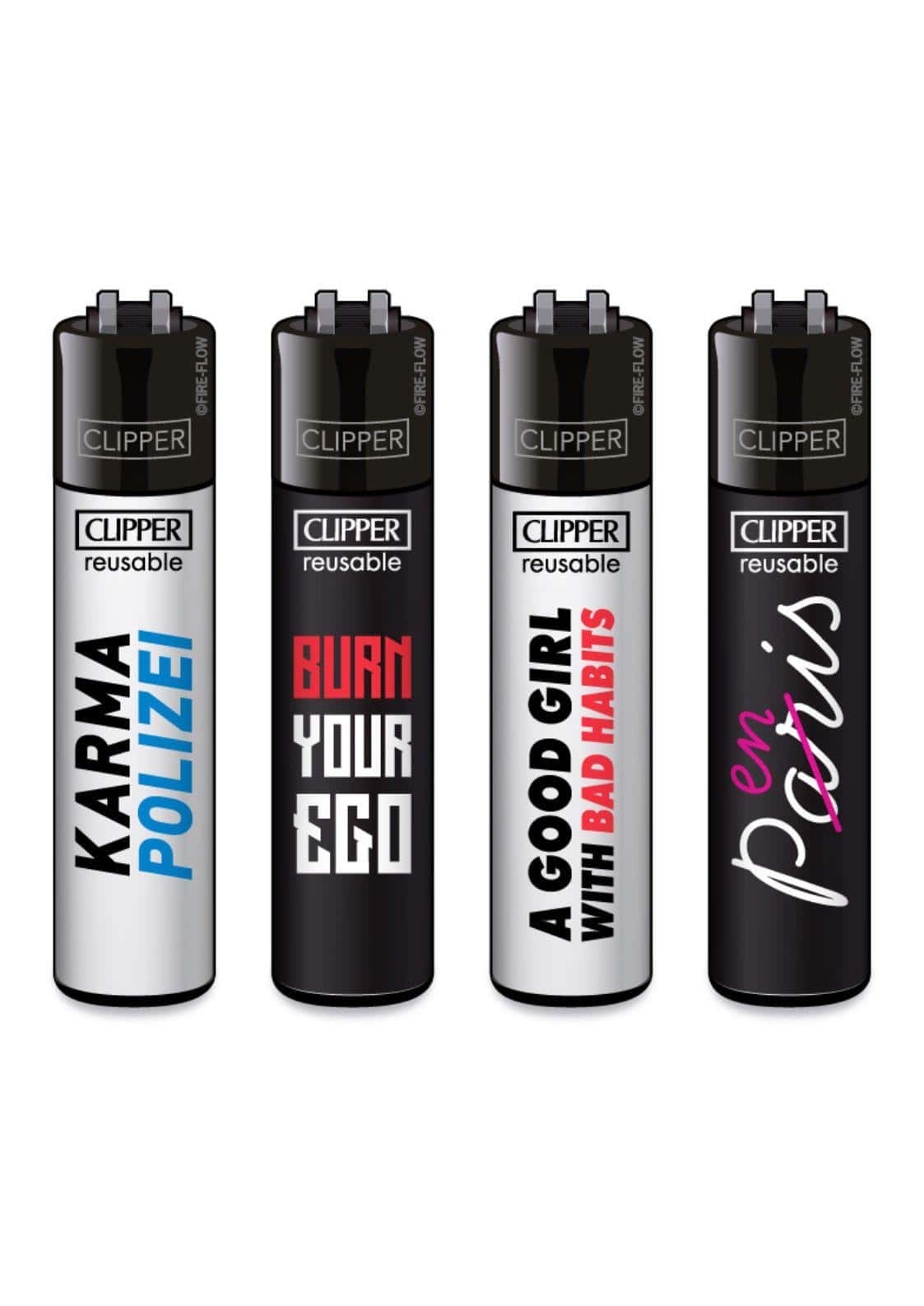 Vier schwarze und silberne clipper feuerzeuge im feuerzeug set mit auffälligen slogans wie karma polizei und burn your ego
