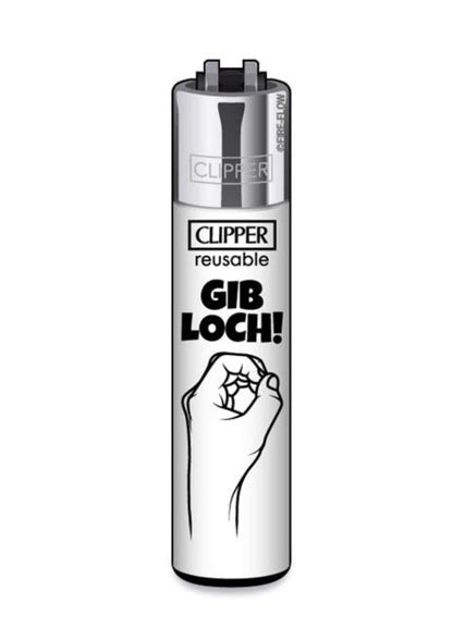 Silbernes metallclipper feuerzeug mit schwarzem text und handillustration für gothic kleidung horror style