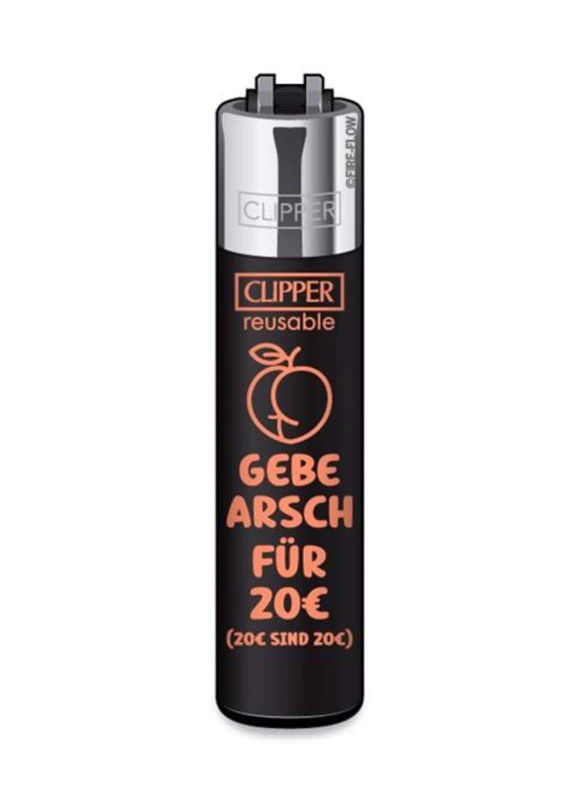 Schwarzes clipper feuerzeug mit silberner oberseite und pfirsichfarbenem horror text für gothic dark fashion