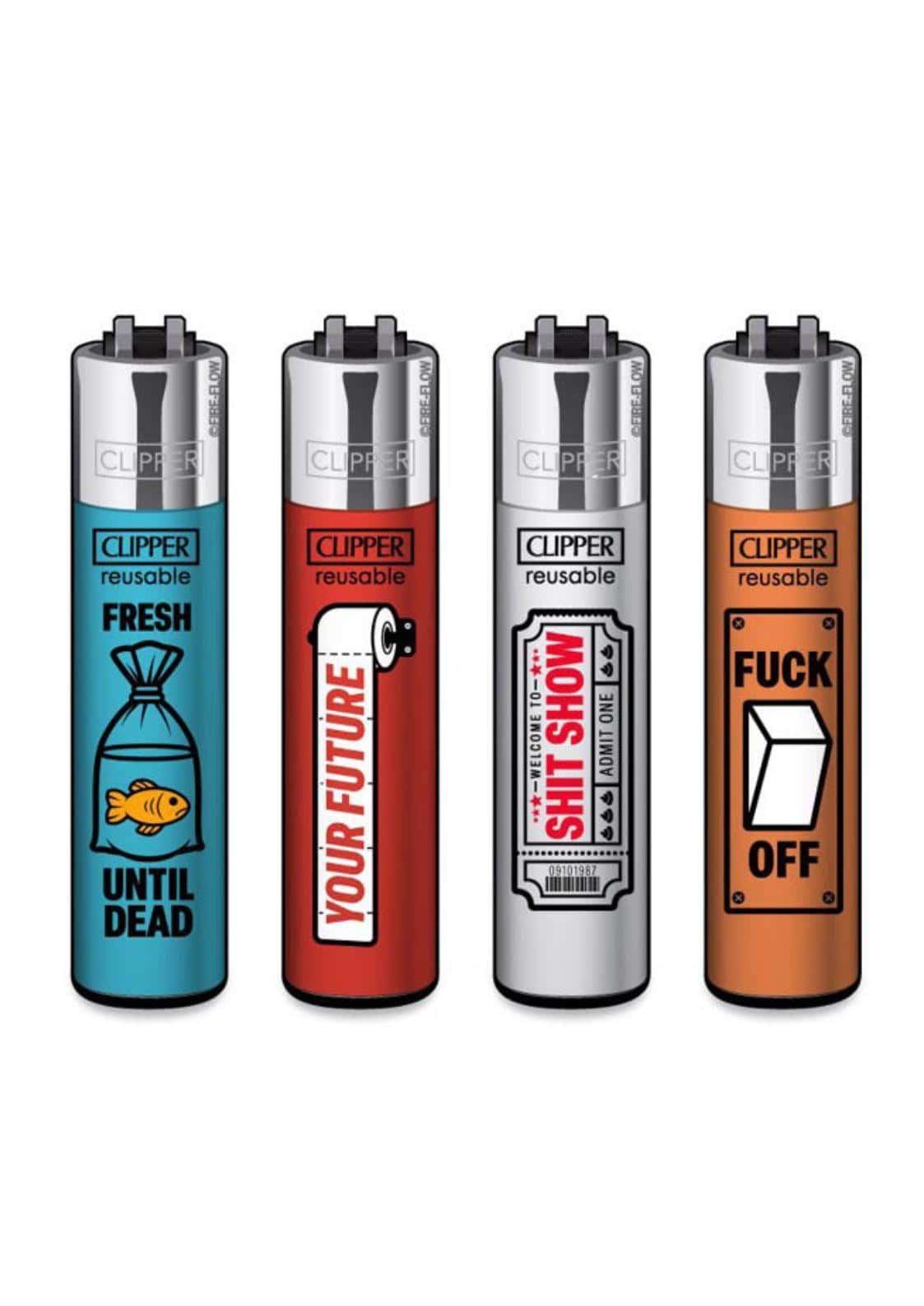 Vier clipper wiederverwendbare feuerzeuge mit farbenfrohen, humorvollen designs für gothic und dark fashion fans