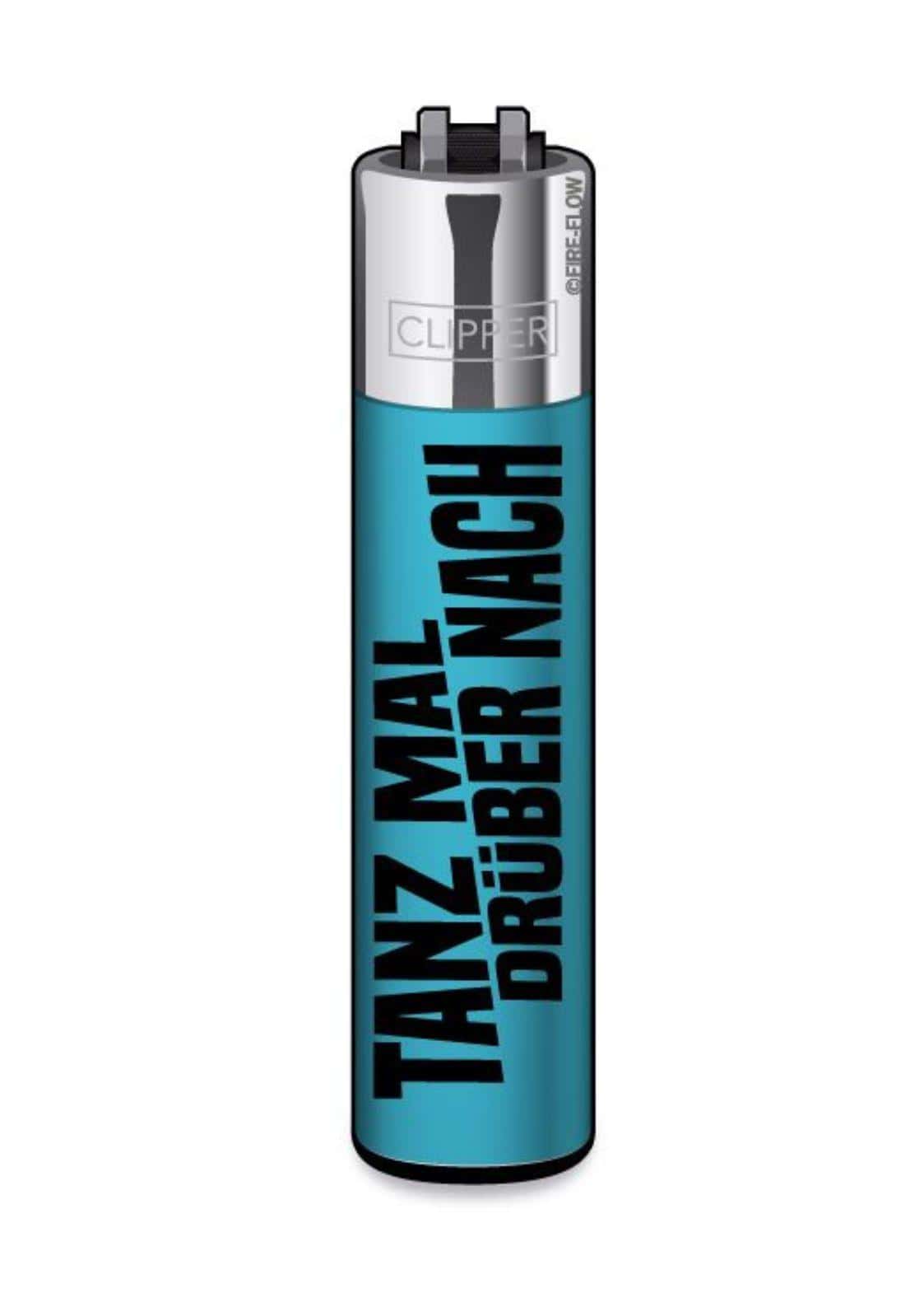 Tealfarbenes clipper feuerzeug mit schwarzem text tanz mal drüber nach aus dem ffx shortiez #1 set für gothic kleidung fans
