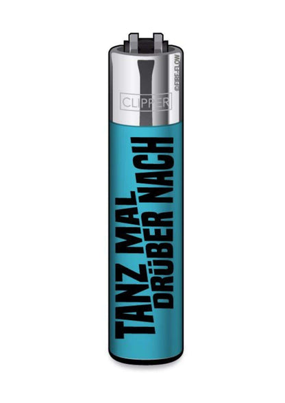 Tealfarbenes clipper feuerzeug mit schwarzem text tanz mal drüber nach aus dem ffx shortiez #1 set für gothic kleidung fans