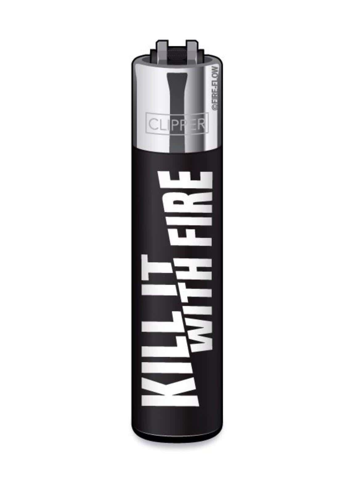 Schwarzes clipper feuerzeug aus metall mit weißem kill it with fire text und silberner kappe für gothic kleidung und horror fans