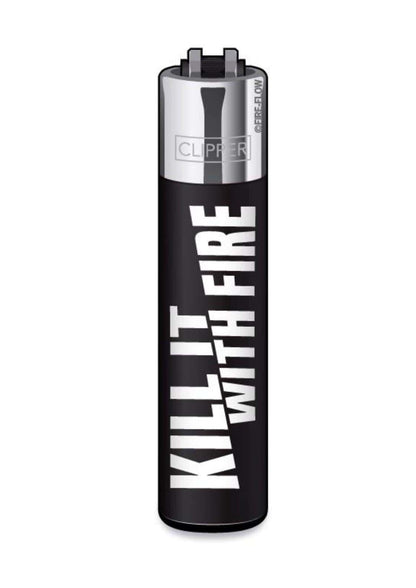 Schwarzes clipper feuerzeug aus metall mit weißem kill it with fire text und silberner kappe für gothic kleidung und horror fans