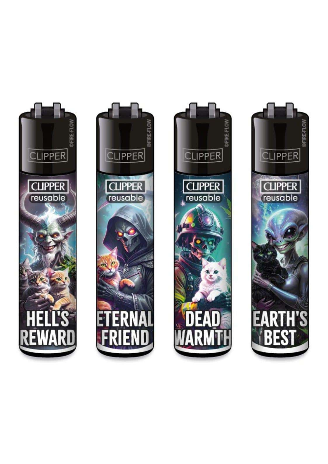 Vier schwarze clipper feuerzeuge mit einzigartigen dämonen und katzenmotiven im clipper feuerzeug set soulmates