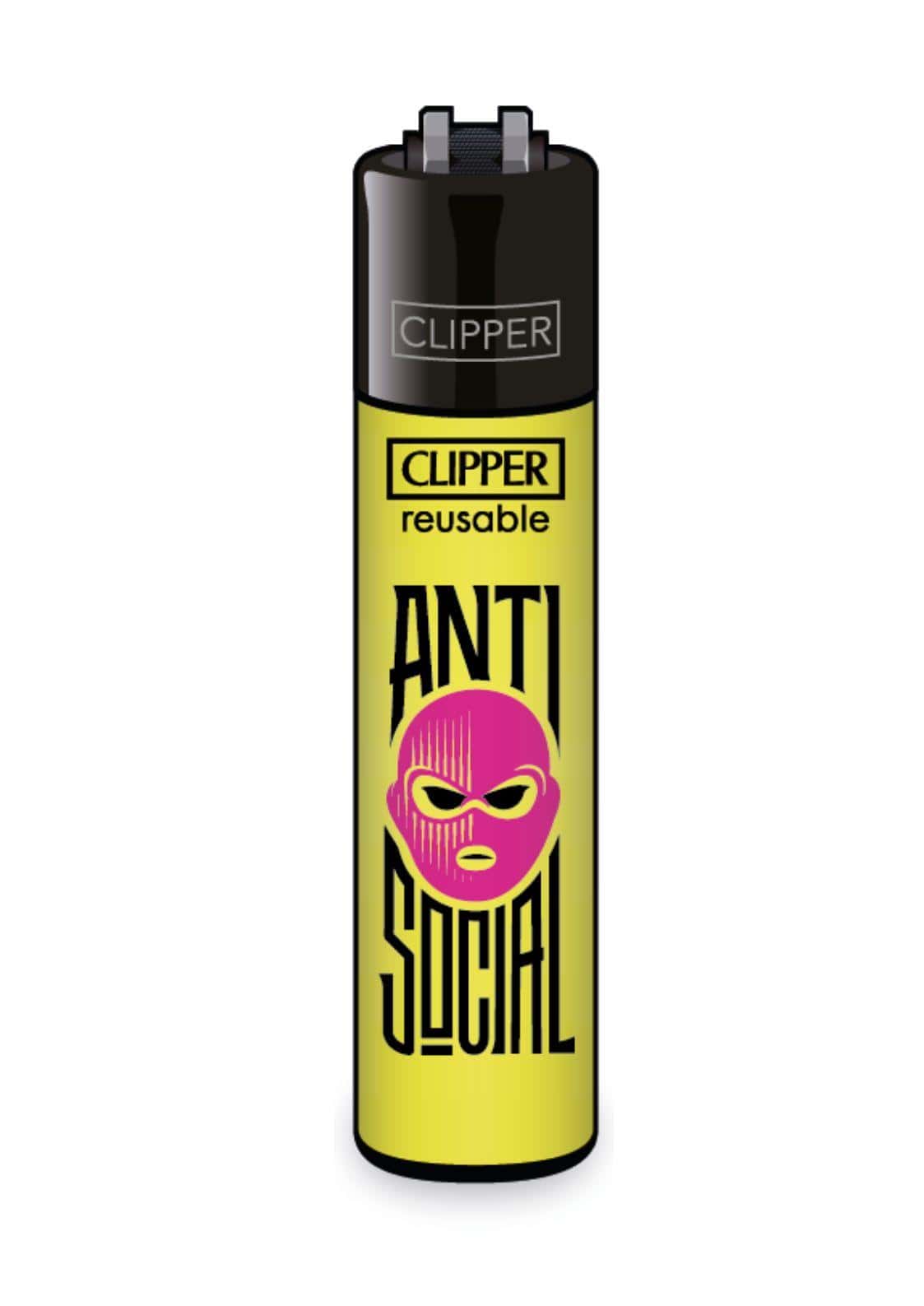 Ein gelbes clipper feuerzeug mit pinker ski-maske und schwarzer anti social schrift im gothic horror dark fashion stil