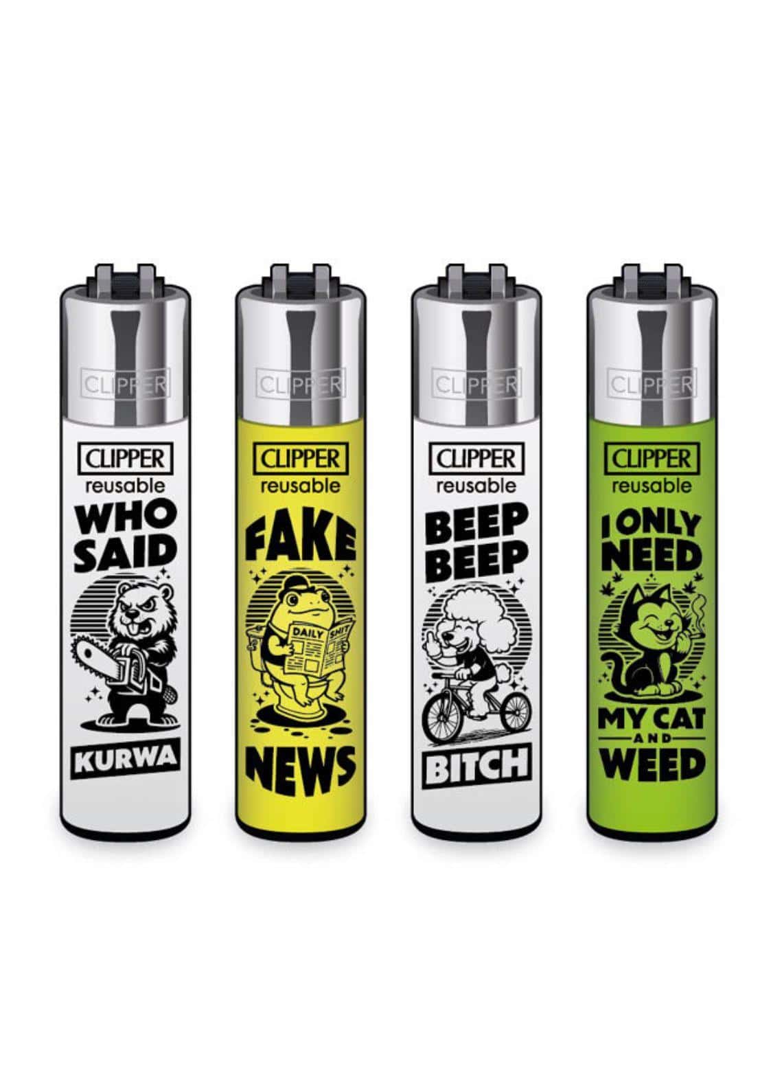 Vier bunte clipper feuerzeuge mit cartoon designs und fettem text im ffx statments 3 set für gothic und dark fashion fans