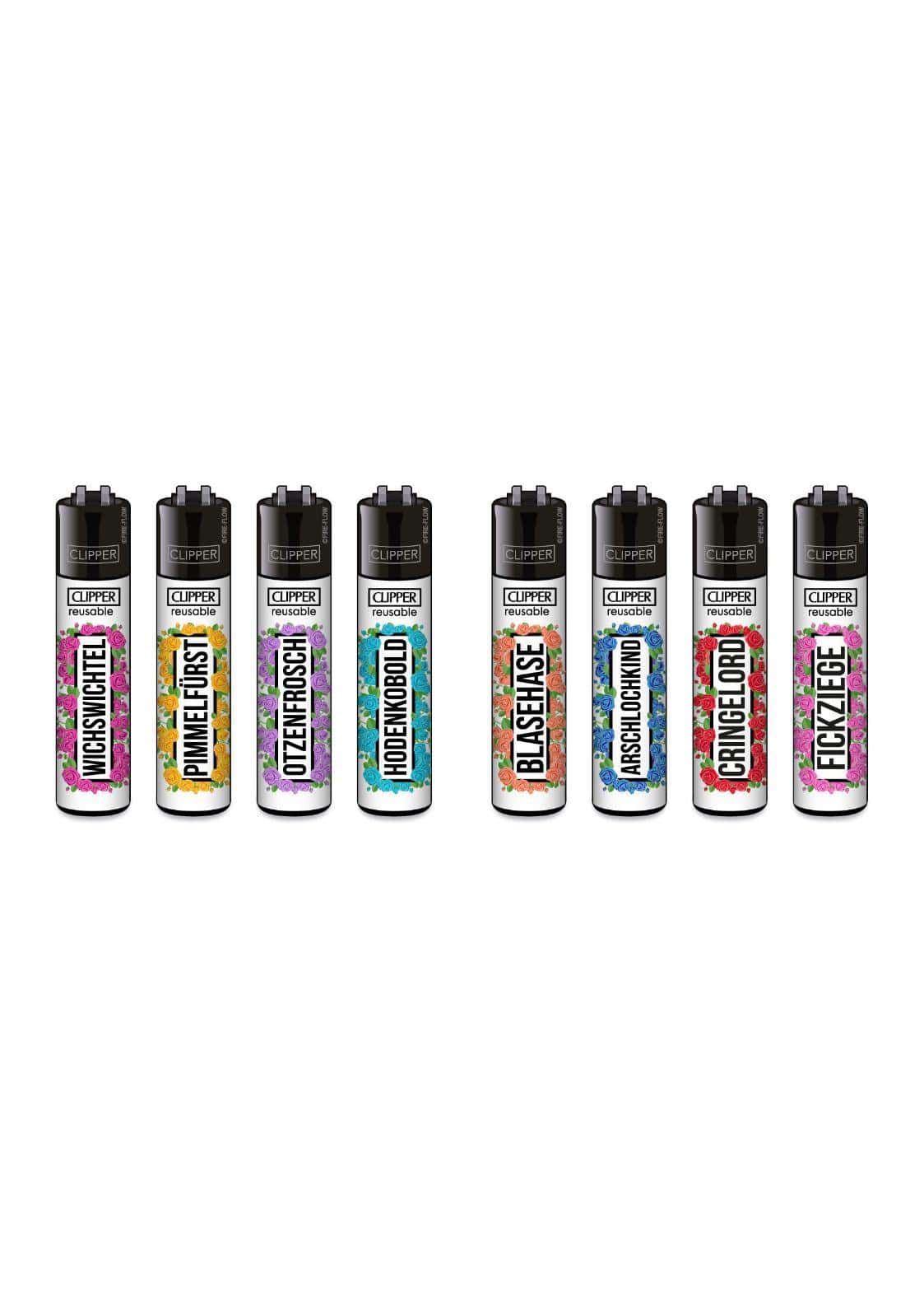 Ein set aus acht wiederbefüllbaren clipper feuerzeugen mit schwarzen köpfen und bunten floral- oder abstrakten designs passend zu gothic horror und dark fashion