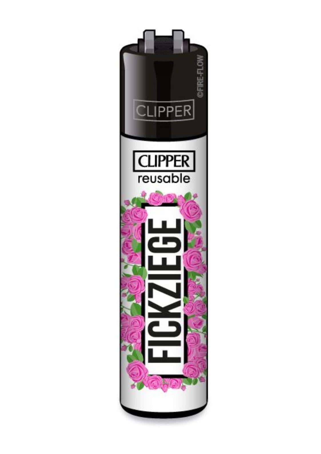 Fickziege clipper feuerzeug nachfüllbar mit rosa rosenmuster schwarz silber für gothic horror dark fashion fans