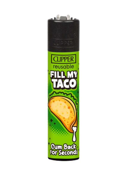 Grünes und schwarzes clipper feuerzeug mit nachfüllbarer flamme und cartoon taco design für gothic kleidung fans