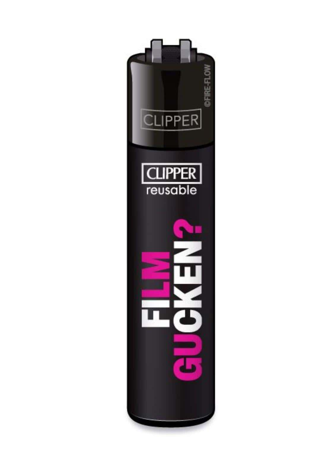 Schwarzes refillbares clipper feuerzeug mit fettem pinkem und weißem film gucken textdesign