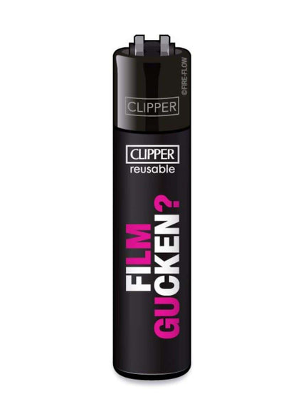 Schwarzes refillbares clipper feuerzeug mit fettem pinkem und weißem film gucken textdesign