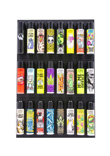 Eine schwarze feuer-board display-box mit 24 bunten cartoon-clippers ideal für gothic und horror sammler