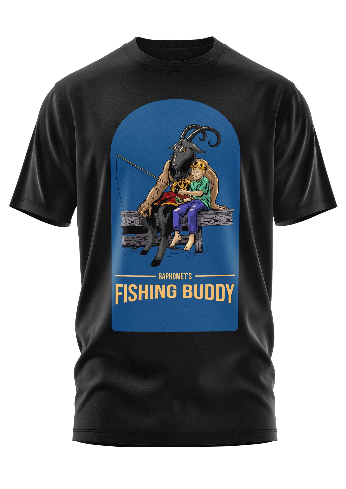 Schwarzes gothic cotton t-shirt mit farbigem baphomet und kind beim angeln unter dem text baphomets fishing buddy