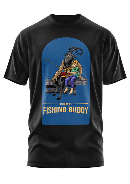 Schwarzes gothic cotton t-shirt mit farbigem baphomet und kind beim angeln unter dem text baphomets fishing buddy