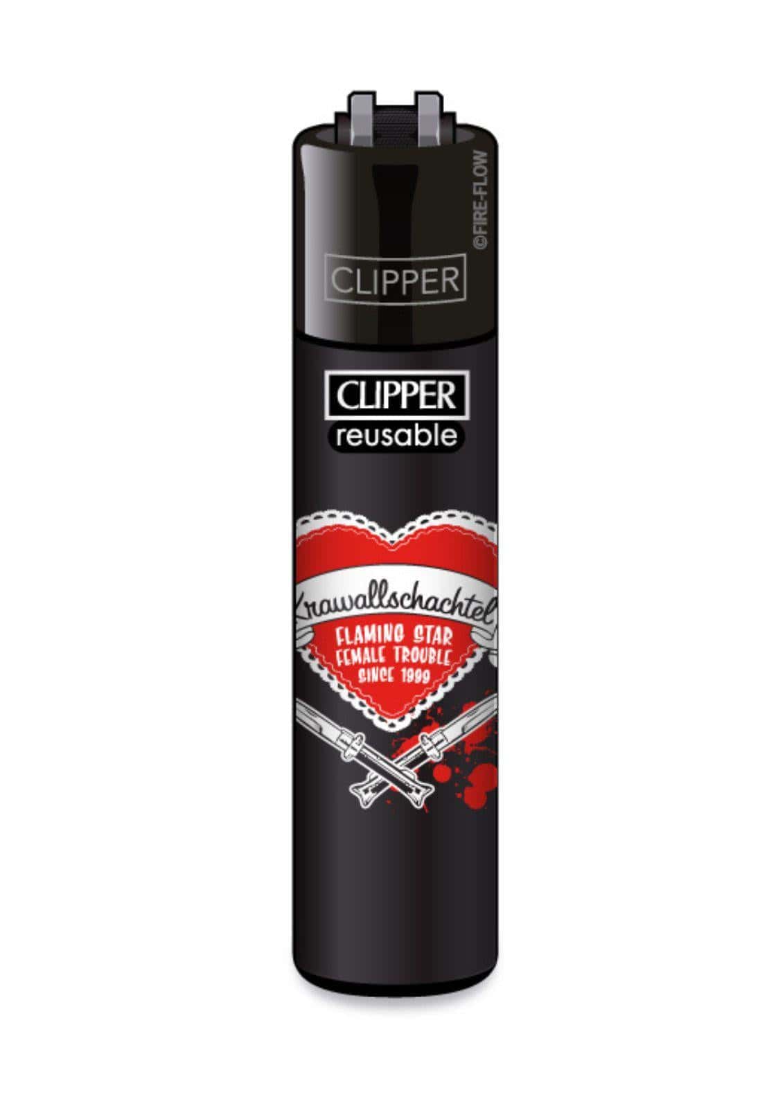 Schwarzes clipper feuzeug mit rotem herz und kreuzmessern mit crawllschachtel text im flaming star 1 set ideal für gothic fashion