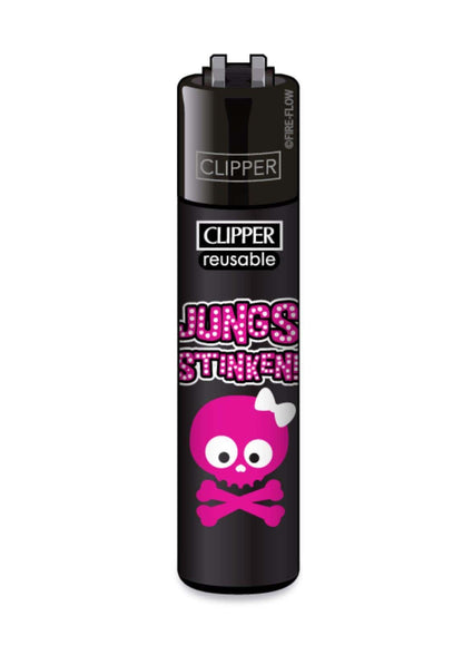 Schwarzes clipper feuerzeug mit pink glitzer text und cartoon schädel design im flaming star #1 set für gothic kleidung und horror fans