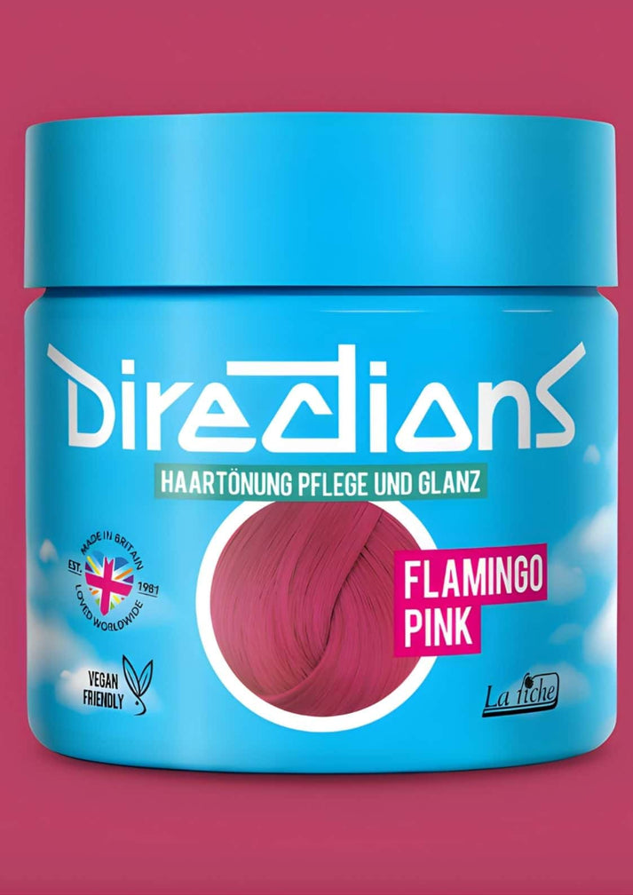 Eine blaue zylinderförmige dose flamingo pink directions semi-permanente haartönung mit veganer formel und sichtbarem pinkton