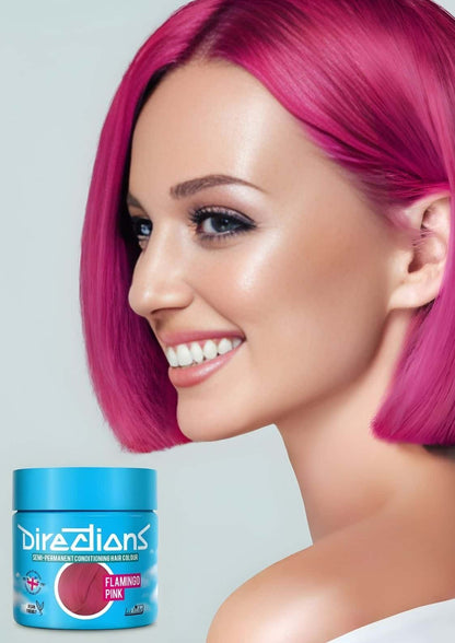 Vibrante flamingo pink directions semi-permanente haartönung in einer blauen 100ml vegane formel flasche
