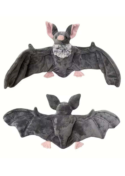 Plüschtier fledermaus grau mit rosa ohren und weißen rüschen im gothic stil als kuscheltier