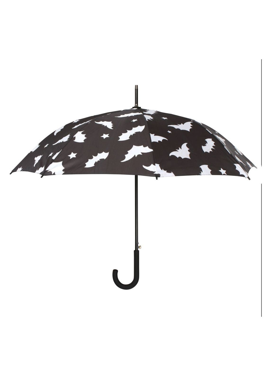 Schwarzer Regenschirm mit weißem Fledermausmuster.