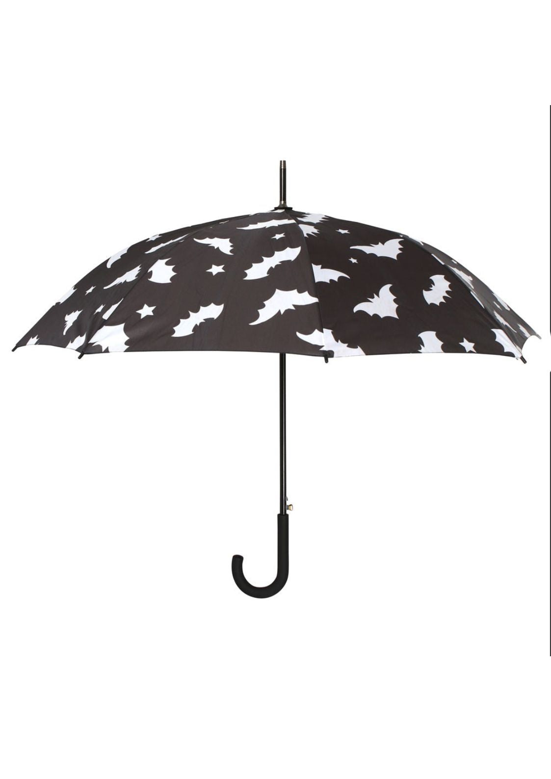 Schwarzer Regenschirm mit weißem Fledermausmuster.