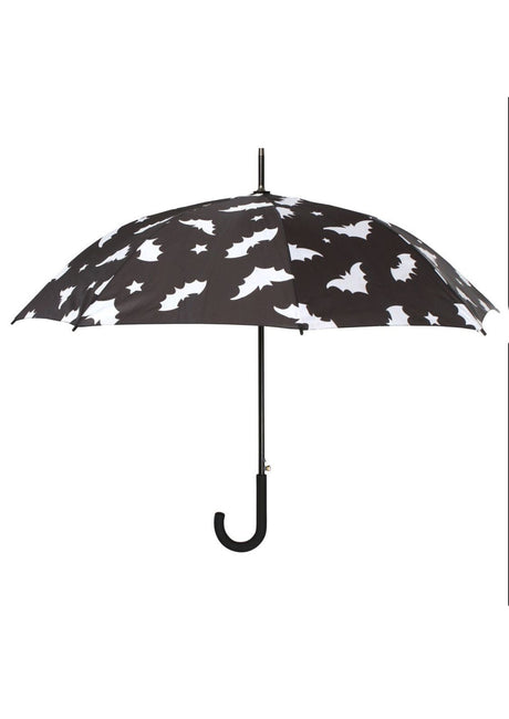 Schwarzer Regenschirm mit weißem Fledermausmuster.
