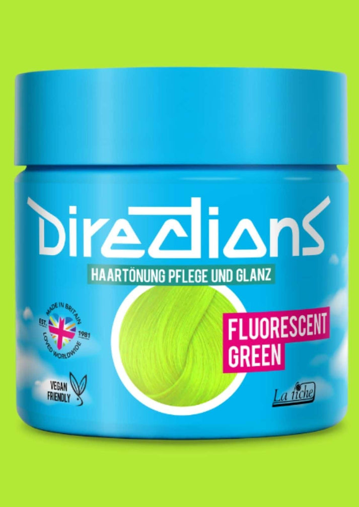 Flo green directions haartönung 100ml blaue dose mit fluoreszierendem grünen farbfenster für blondiertes haar maximale sichtbarkeit