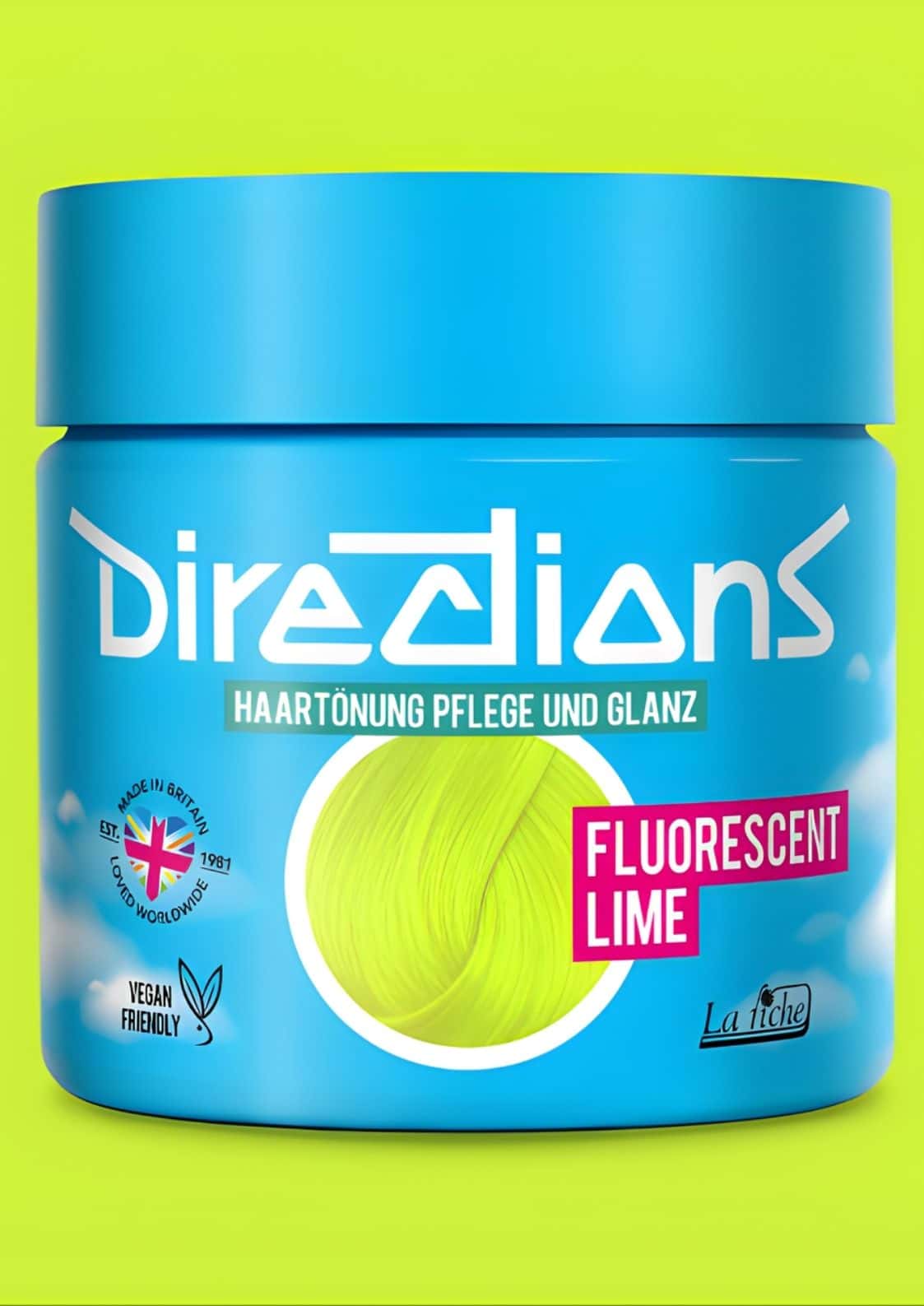 Hellblaues zylindrisches directions farben fluoreszierendes limonengrünes haarfärbemittel für semipermanente haartönung