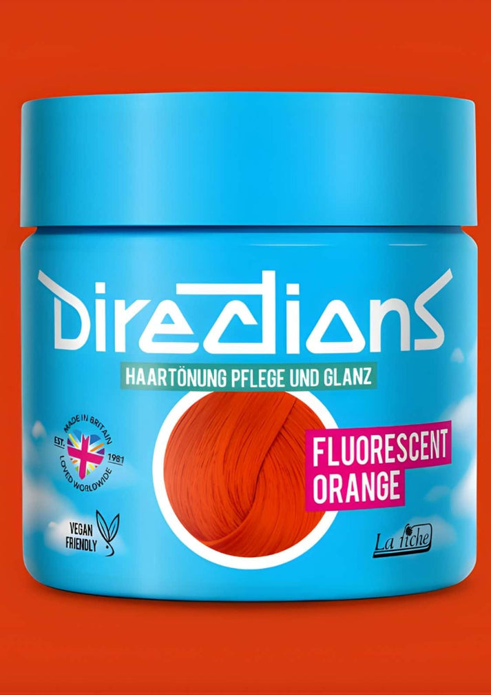 Ein leuchtend blauer directions 100ml behälter mit fluorescent orange haartönung für blondiertes haar