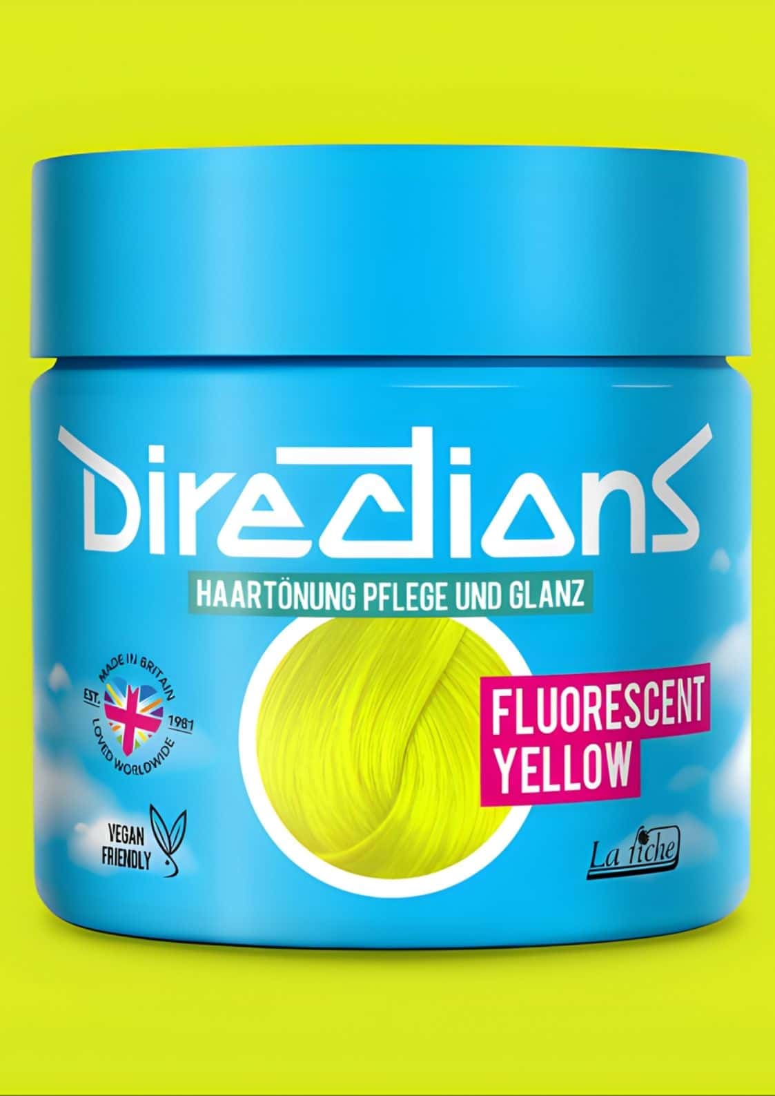 Vibranter blauer zylinder mit flo yellow directions haartönung 100ml in extrem leuchtender fluoreszierender gelber farbe