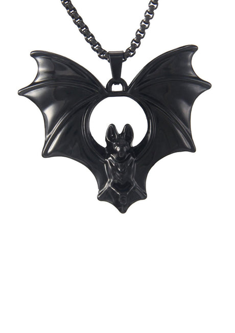 Schwarze Fledermauskette mit ausgebreiteten Flügeln, glänzender Finish.