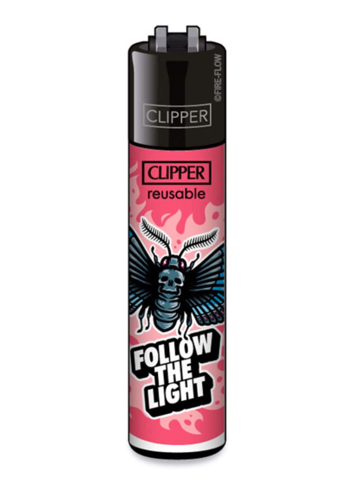 Nachfüllbares clipper feuerzeug follow the light in pink und schwarz mit schädel schmetterlingsdesign