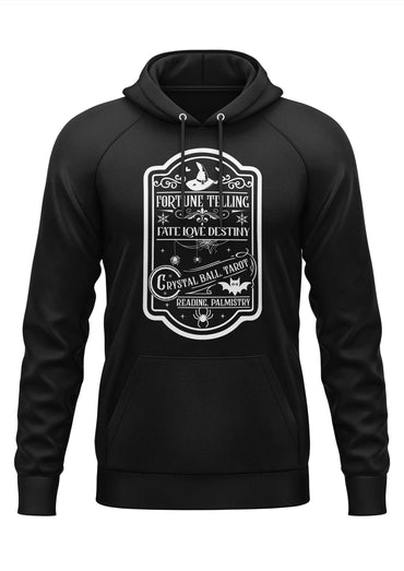 Schwarzer hoodie mit weißem grafikdesign zu fortune telling themen wie kristallkugel tarot und chiromantie bitte gothic horror